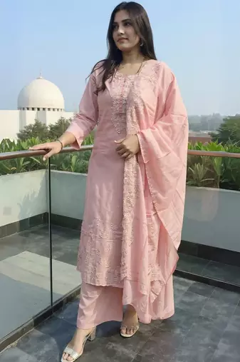 Women Floral Embroidered Cotton Kurta with Trousers & Dupatta