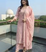 Women Floral Embroidered Cotton Kurta with Trousers & Dupatta