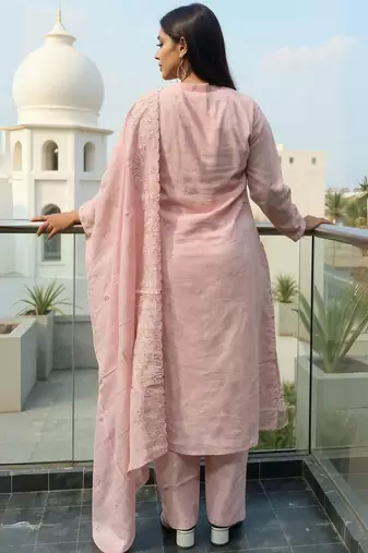 Women Floral Embroidered Cotton Kurta with Trousers & Dupatta
