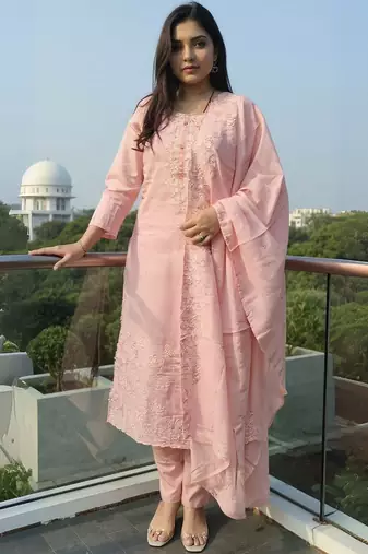 Women Floral Embroidered Cotton Kurta with Trousers & Dupatta
