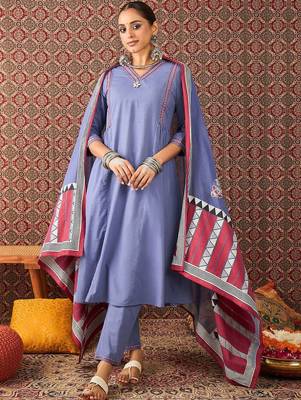 Women Solid Cotton A-Line Kurta with Trousers & Dupatta 1