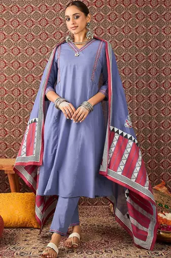 Women Solid Cotton A-Line Kurta with Trousers & Dupatta