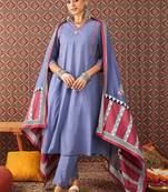 Women Solid Cotton A-Line Kurta with Trousers & Dupatta