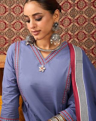 Women Solid Cotton A-Line Kurta with Trousers & Dupatta 2
