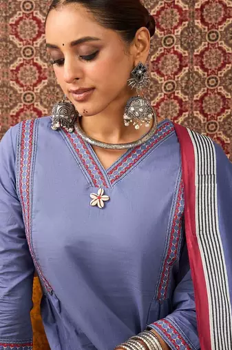 Women Solid Cotton A-Line Kurta with Trousers & Dupatta