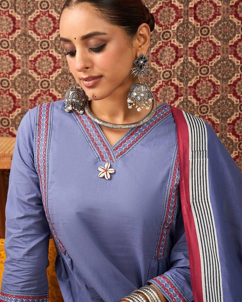 Women Solid Cotton A-Line Kurta with Trousers & Dupatta