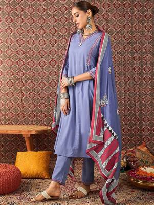 Women Solid Cotton A-Line Kurta with Trousers & Dupatta 3