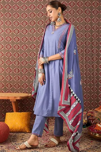 Women Solid Cotton A-Line Kurta with Trousers & Dupatta