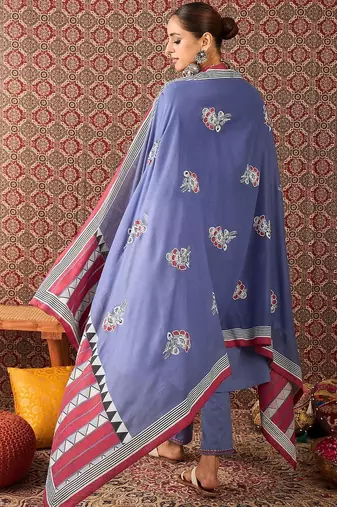 Women Solid Cotton A-Line Kurta with Trousers & Dupatta