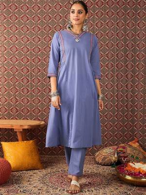 Women Solid Cotton A-Line Kurta with Trousers & Dupatta 5
