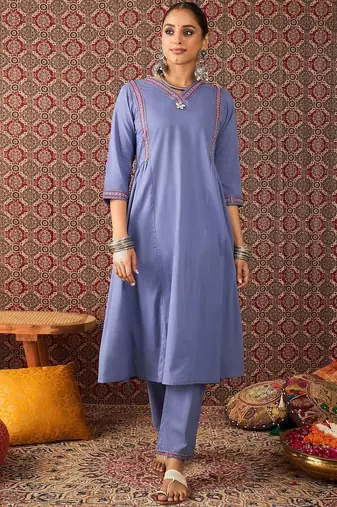 Women Solid Cotton A-Line Kurta with Trousers & Dupatta