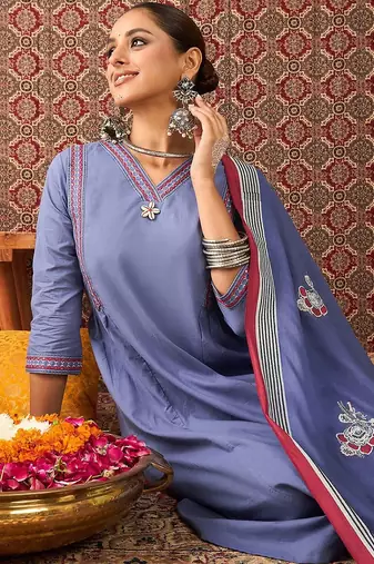 Women Solid Cotton A-Line Kurta with Trousers & Dupatta