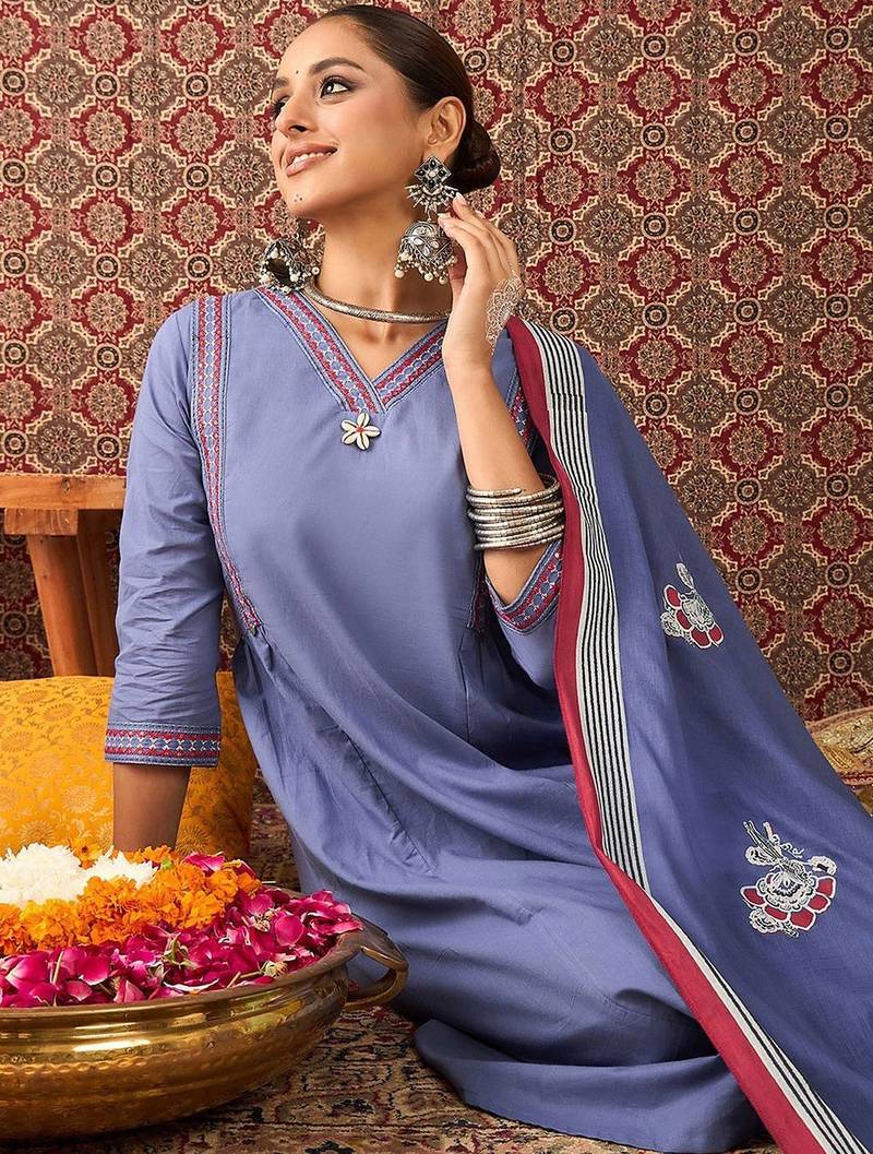Women Solid Cotton A-Line Kurta with Trousers & Dupatta