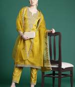 Ethnic Motifs Yoke Design Sequinned Kurta With Trousers & Dupatta