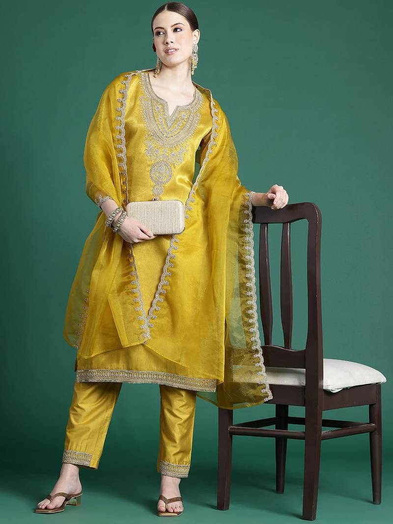 Ethnic Motifs Yoke Design Sequinned Kurta With Trousers & Dupatta
