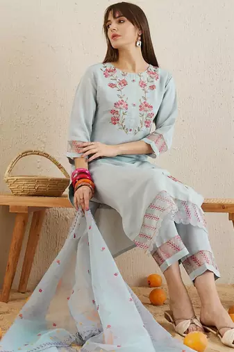 Round Neck Floral Embroidered Regular Thread Work Straight Kurta Set