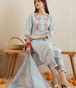 Round Neck Floral Embroidered Regular Thread Work Straight Kurta Set