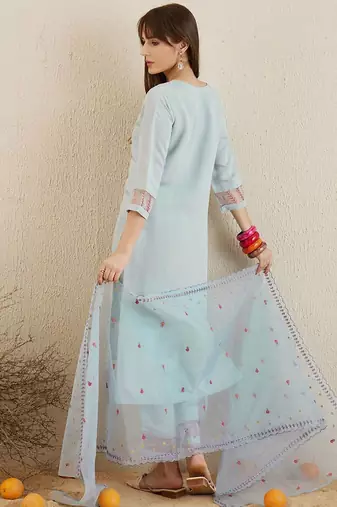 Round Neck Floral Embroidered Regular Thread Work Straight Kurta Set