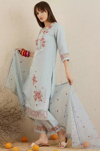 Round Neck Floral Embroidered Regular Thread Work Straight Kurta Set