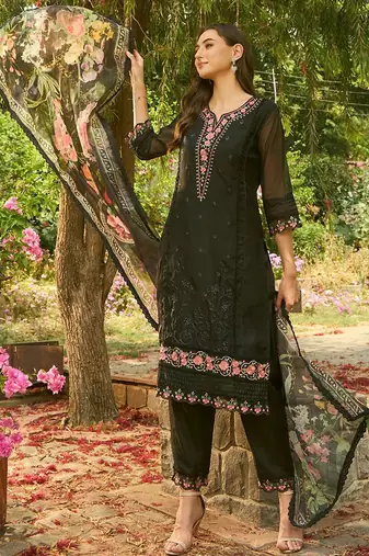 Floral Embroidered Organza Straight Kurta With Trousers & Dupatta