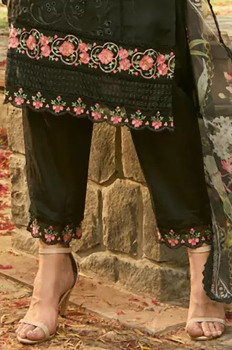 Floral Embroidered Organza Straight Kurta With Trousers & Dupatta