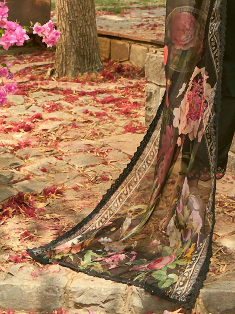 Floral Embroidered Organza Straight Kurta With Trousers & Dupatta