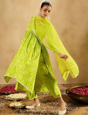 Indo EraBandhani Printed Empire V-Neck Pure Cotton Kurta with Trousers & Dupatta 1