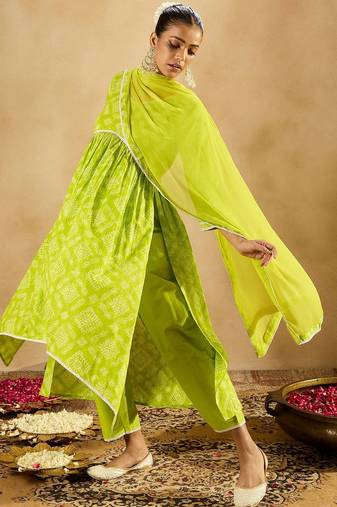 indo erabandhani printed empire v-neck  cotton kurta with trousers & dupatta