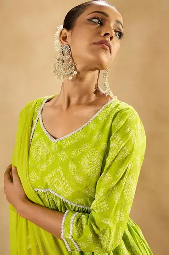 Indo EraBandhani Printed Empire V-Neck Pure Cotton Kurta with Trousers & Dupatta
