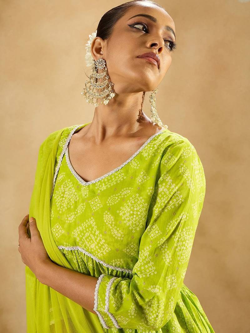 Indo EraBandhani Printed Empire V-Neck Pure Cotton Kurta with Trousers & Dupatta