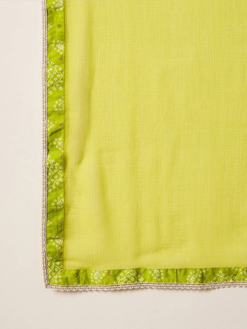 Indo EraBandhani Printed Empire V-Neck Pure Cotton Kurta with Trousers & Dupatta