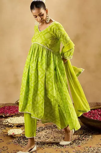 Indo EraBandhani Printed Empire V-Neck Pure Cotton Kurta with Trousers & Dupatta