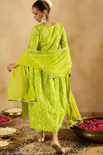 Indo EraBandhani Printed Empire V-Neck Pure Cotton Kurta with Trousers & Dupatta