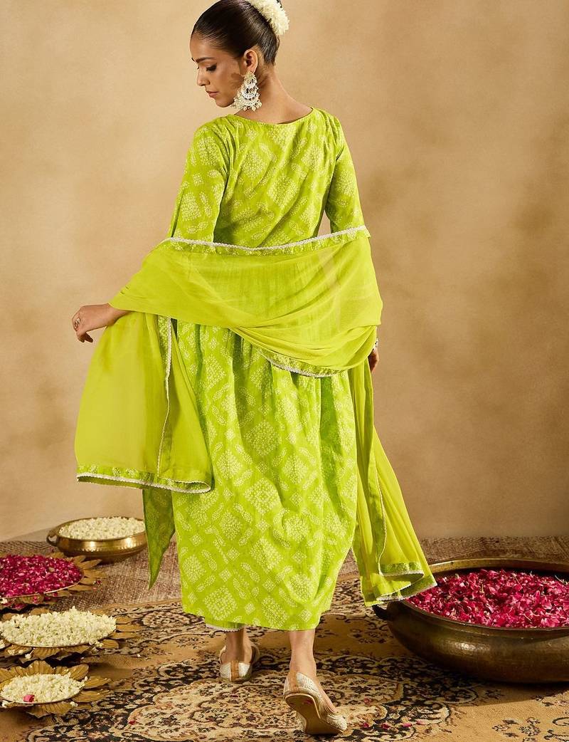 Indo EraBandhani Printed Empire V-Neck Pure Cotton Kurta with Trousers & Dupatta