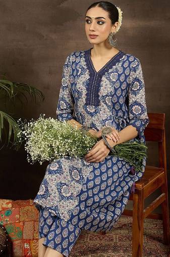 floral printed v-neck  cotton a-line kurta with trousers