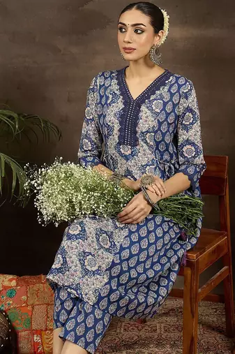 floral printed v-neck  cotton a-line kurta with trousers