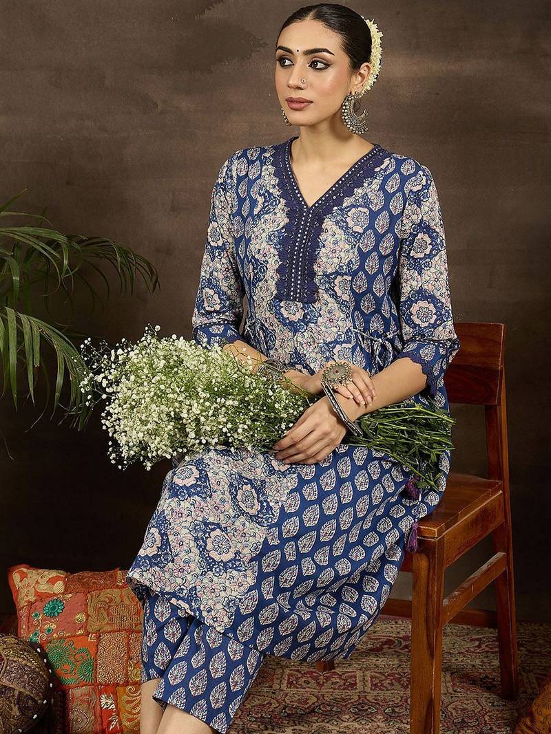 Floral Printed V-Neck Pure Cotton A-Line Kurta With Trousers