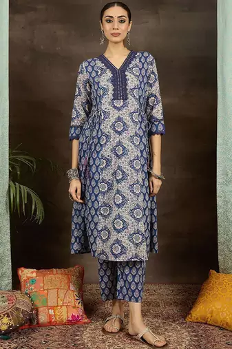 floral printed v-neck  cotton a-line kurta with trousers