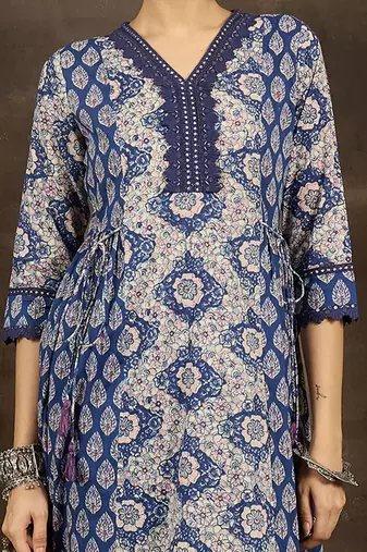 floral printed v-neck  cotton a-line kurta with trousers