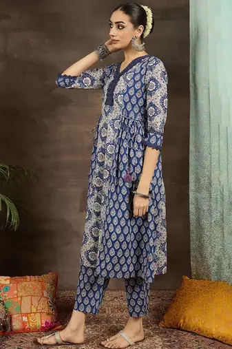 floral printed v-neck  cotton a-line kurta with trousers