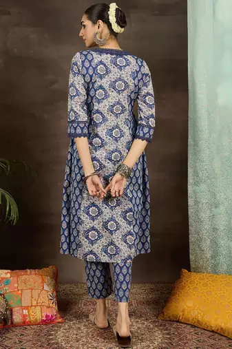 floral printed v-neck  cotton a-line kurta with trousers