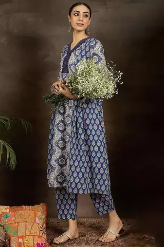 floral printed v-neck  cotton a-line kurta with trousers