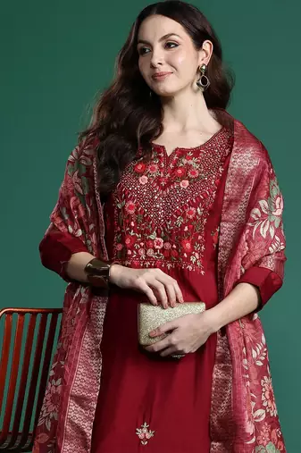 Floral Embroidered Thread Work Kurta with Trousers & With Dupatta