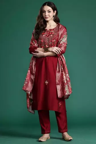 Floral Embroidered Thread Work Kurta with Trousers & With Dupatta