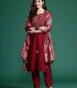 Floral Embroidered Thread Work Kurta with Trousers & With Dupatta