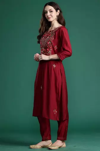 Floral Embroidered Thread Work Kurta with Trousers & With Dupatta