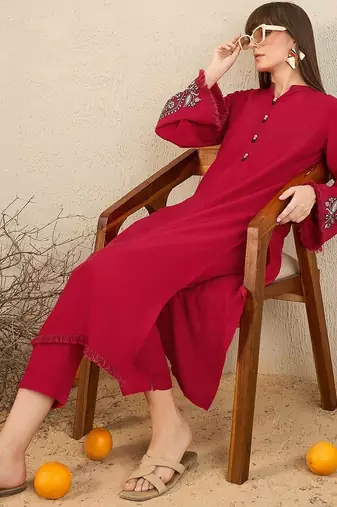 Mandarin Collar Thread Work Straight Kurta with Trousers