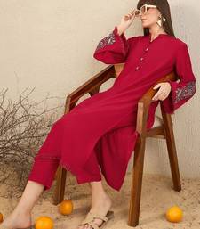 Mandarin Collar Thread Work Straight Kurta with Trousers