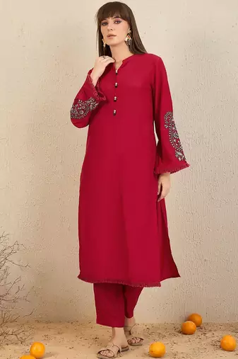 Mandarin Collar Thread Work Straight Kurta with Trousers