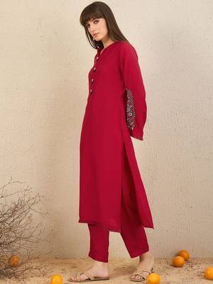 Mandarin Collar Thread Work Straight Kurta with Trousers 5